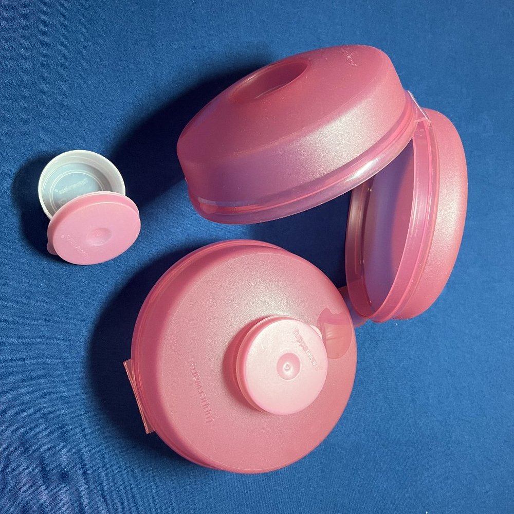 Two Tupperware Round Sandwich Bagel Keepers w/ Smidgets for Mayo/Cream Cheese